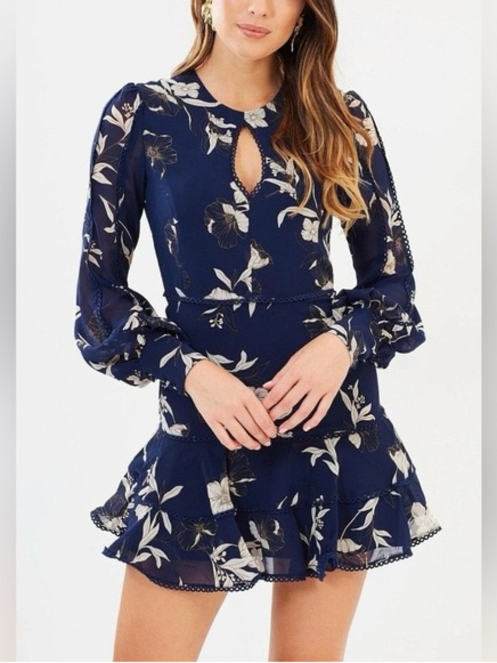Bardot Tammy Tiered Lace Trim Floral Dress Ruffle Flare Mini Long Sleeve‎